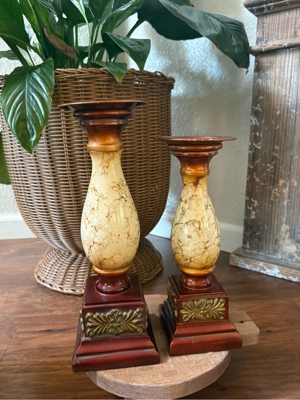 Pair Of Tuscan Style Pillar Candle Holders 12.25” And 10.75” Tall